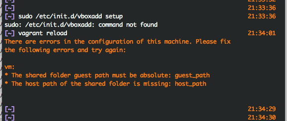 There are errors in the configuration of this machine. Please fix the following errors and try again: vm: * The shared folder guest path must be absolute: guest_path * The host path of the shared folder is missing: host_path